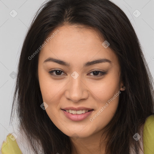 Joyful white young-adult female with long  brown hair and brown eyes