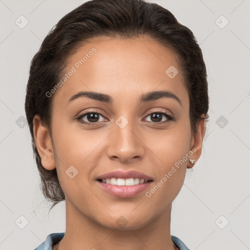 Joyful white young-adult female with long  brown hair and brown eyes