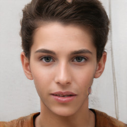 Neutral white young-adult female with short  brown hair and brown eyes