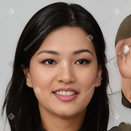 Joyful asian young-adult female with medium  black hair and brown eyes