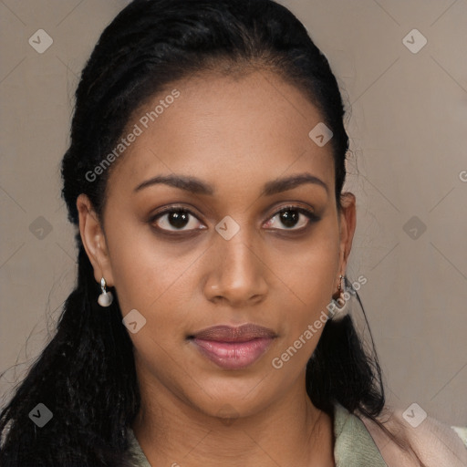 Joyful latino young-adult female with long  black hair and brown eyes