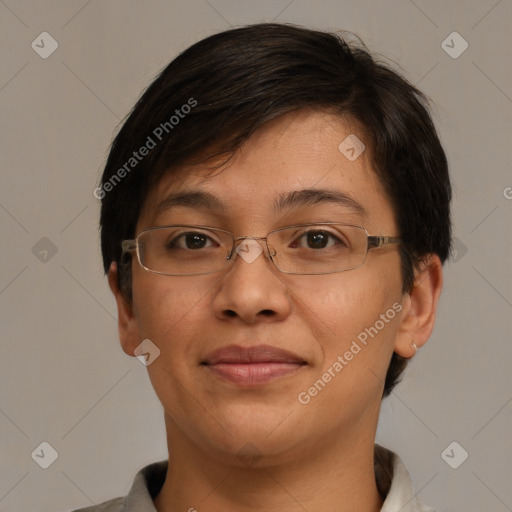 Joyful white adult female with short  brown hair and brown eyes