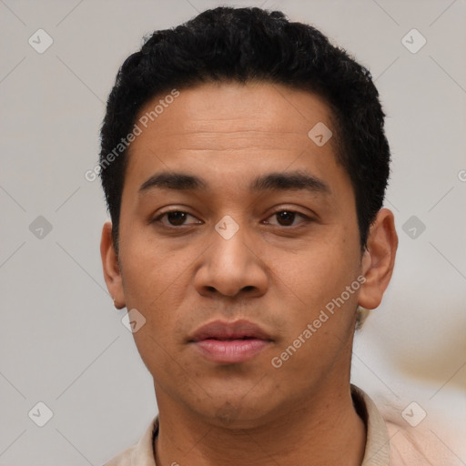 Neutral asian young-adult male with short  black hair and brown eyes