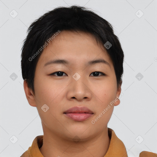 Neutral asian young-adult female with short  brown hair and brown eyes