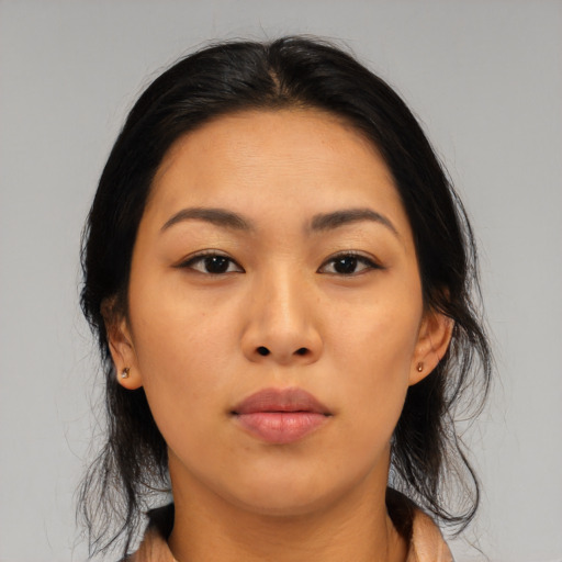 Neutral asian young-adult female with medium  brown hair and brown eyes