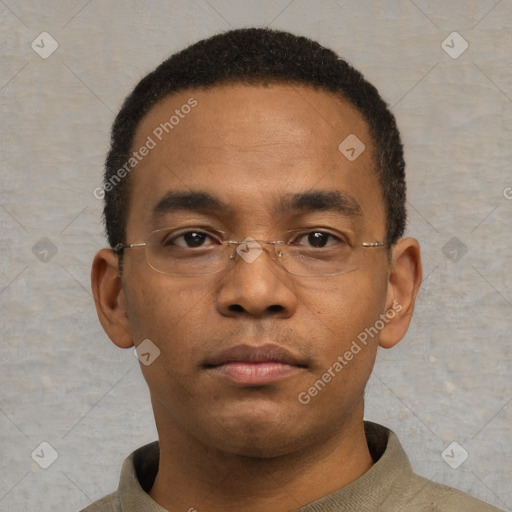 Neutral latino young-adult male with short  black hair and brown eyes
