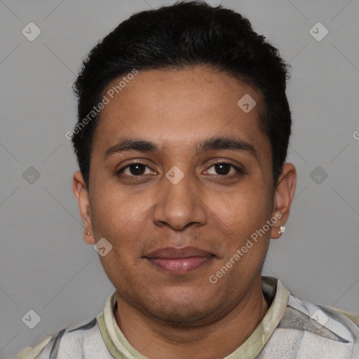 Joyful white young-adult male with short  black hair and brown eyes