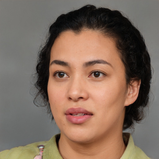 Neutral asian young-adult female with medium  black hair and brown eyes