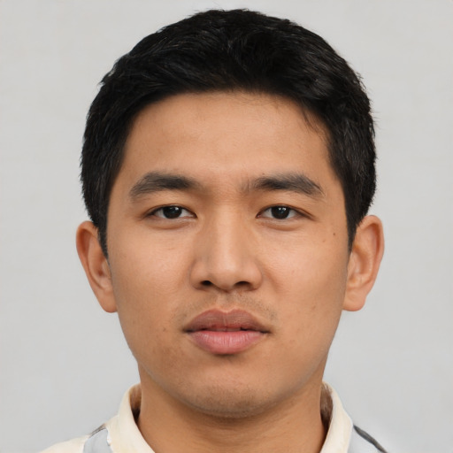 Neutral asian young-adult male with short  black hair and brown eyes