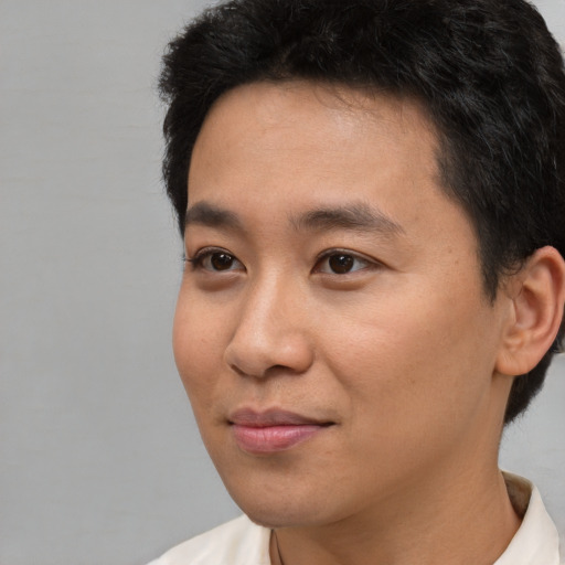 Neutral asian young-adult male with short  black hair and brown eyes