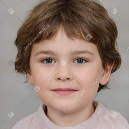 Joyful white child female with medium  brown hair and brown eyes