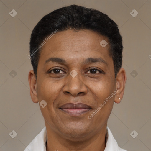 Joyful latino adult male with short  black hair and brown eyes