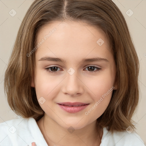 Joyful white child female with medium  brown hair and brown eyes