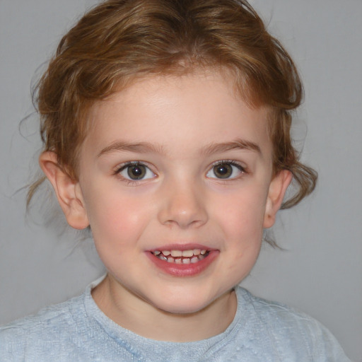 Joyful white child female with medium  brown hair and blue eyes