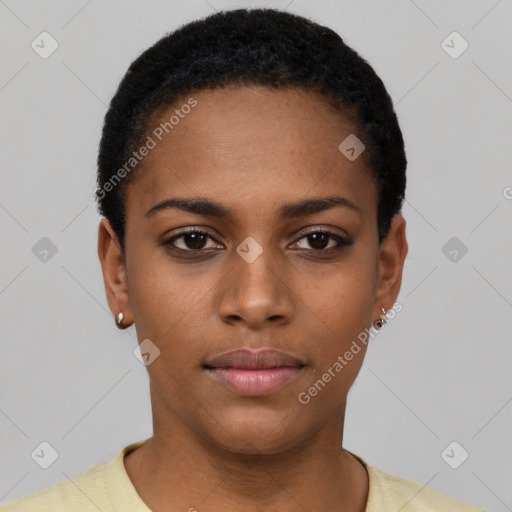 Neutral black young-adult female with short  black hair and brown eyes