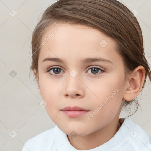 Joyful white child female with medium  brown hair and brown eyes