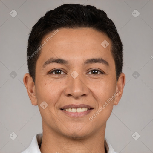 Joyful white young-adult male with short  brown hair and brown eyes