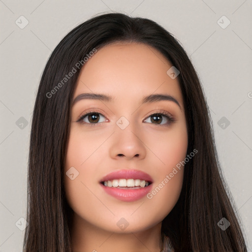 Joyful white young-adult female with long  black hair and brown eyes