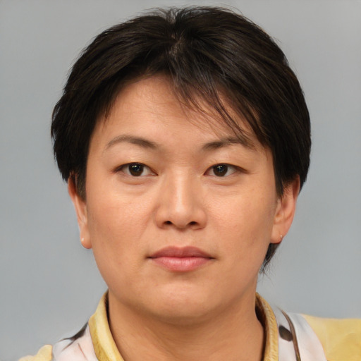 Neutral asian young-adult female with short  brown hair and brown eyes