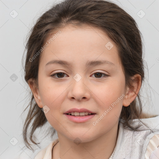 Joyful white child female with medium  brown hair and brown eyes