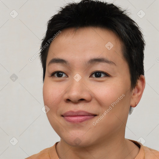 Joyful asian young-adult female with short  brown hair and brown eyes