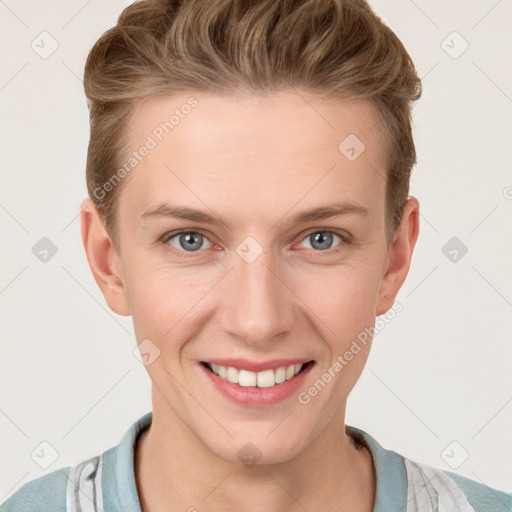 Joyful white young-adult female with short  brown hair and blue eyes