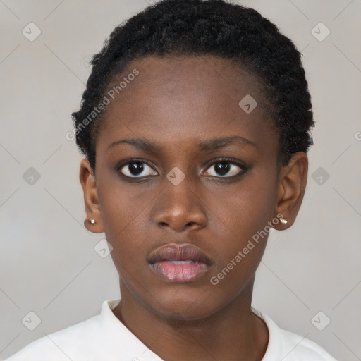 Neutral black young-adult female with short  black hair and brown eyes