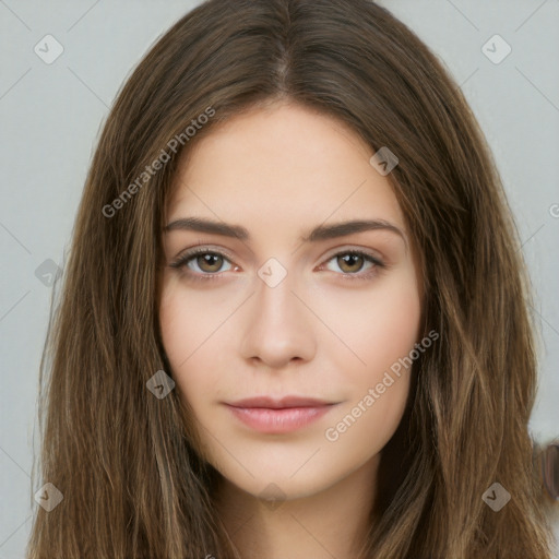 Neutral white young-adult female with long  brown hair and brown eyes