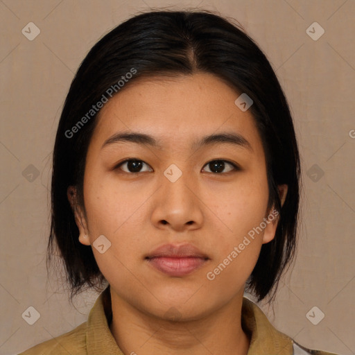 Neutral asian young-adult female with medium  brown hair and brown eyes