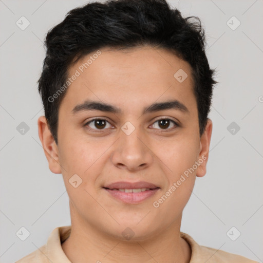 Joyful latino young-adult male with short  brown hair and brown eyes