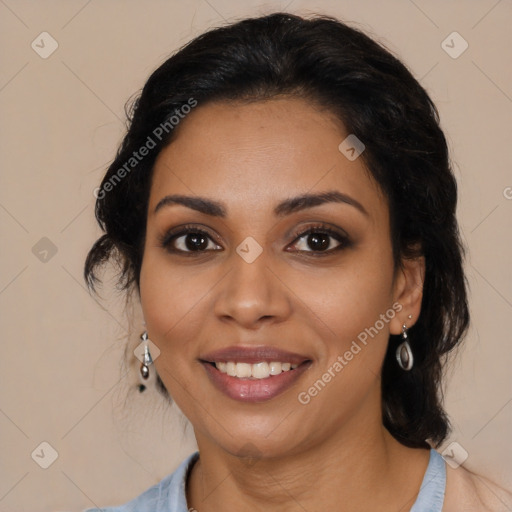 Joyful latino young-adult female with medium  brown hair and brown eyes