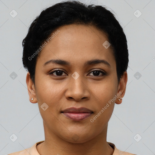 Joyful latino young-adult female with short  brown hair and brown eyes