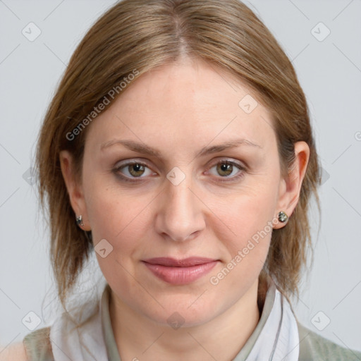 Joyful white young-adult female with medium  brown hair and blue eyes