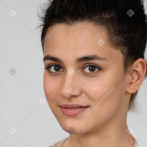 Joyful white young-adult female with short  brown hair and brown eyes