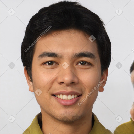 Joyful white young-adult male with short  black hair and brown eyes