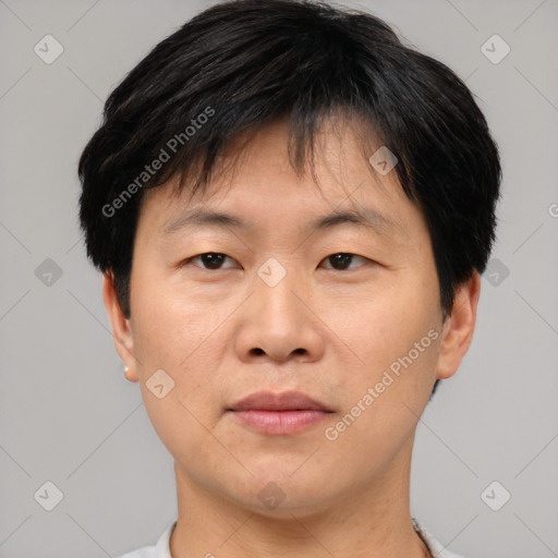 Neutral asian young-adult male with short  brown hair and brown eyes