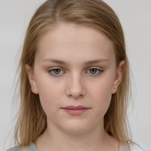 Neutral white child female with medium  brown hair and grey eyes