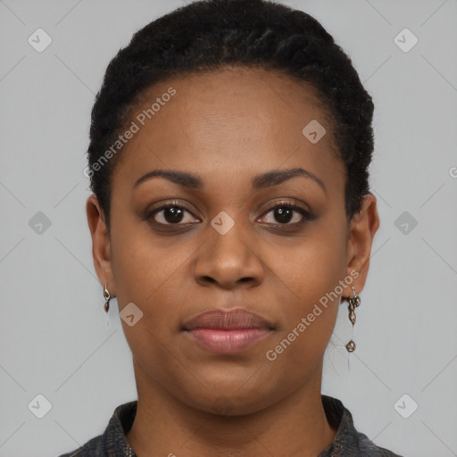 Neutral black young-adult female with short  black hair and brown eyes