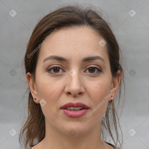 Joyful white young-adult female with medium  brown hair and brown eyes