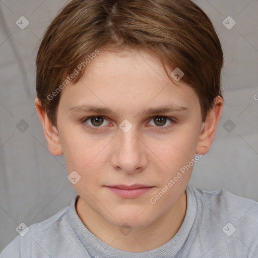 Joyful white child female with short  brown hair and brown eyes