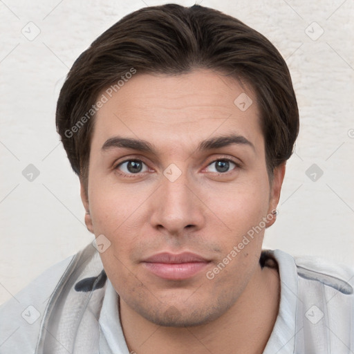 Neutral white young-adult male with short  brown hair and brown eyes