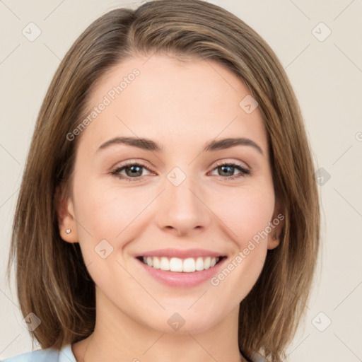 Joyful white young-adult female with medium  brown hair and green eyes