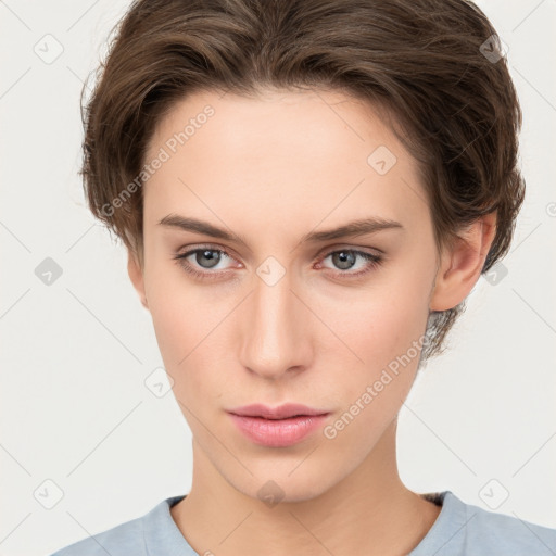 Neutral white young-adult female with short  brown hair and brown eyes