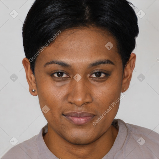 Joyful asian young-adult female with short  black hair and brown eyes
