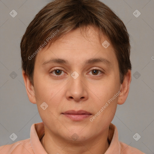 Joyful white young-adult female with short  brown hair and brown eyes