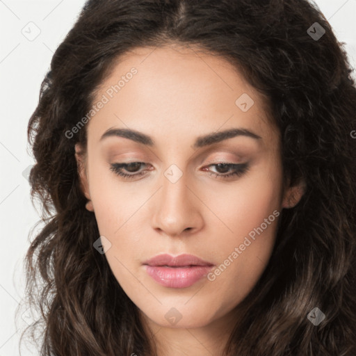 Neutral white young-adult female with long  brown hair and brown eyes