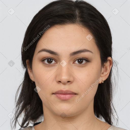 Neutral white young-adult female with medium  brown hair and brown eyes