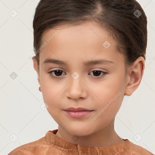 Joyful white child female with short  brown hair and brown eyes