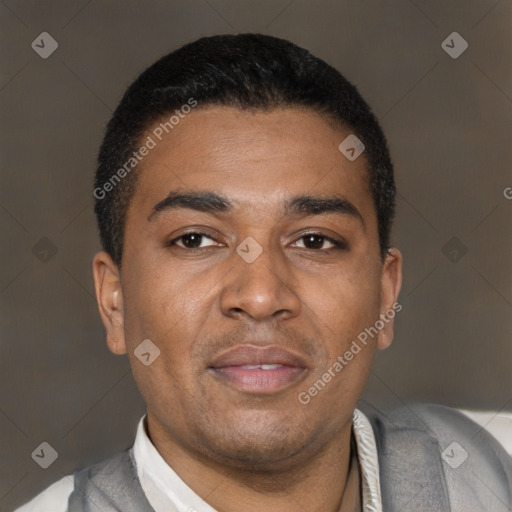 Neutral latino young-adult male with short  black hair and brown eyes