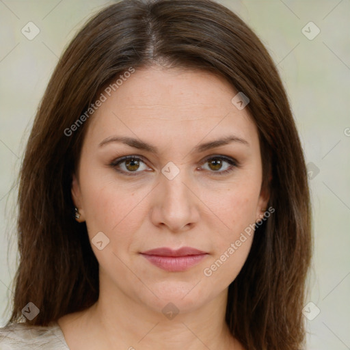 Joyful white young-adult female with medium  brown hair and green eyes